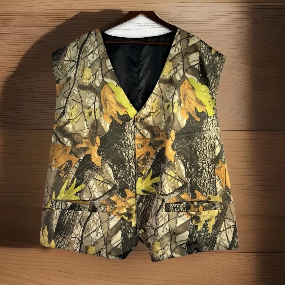 Formal Camo Vest 6XL Waistcoat Wool Blend Oak Autumn Trees Wedding Prom Brown
